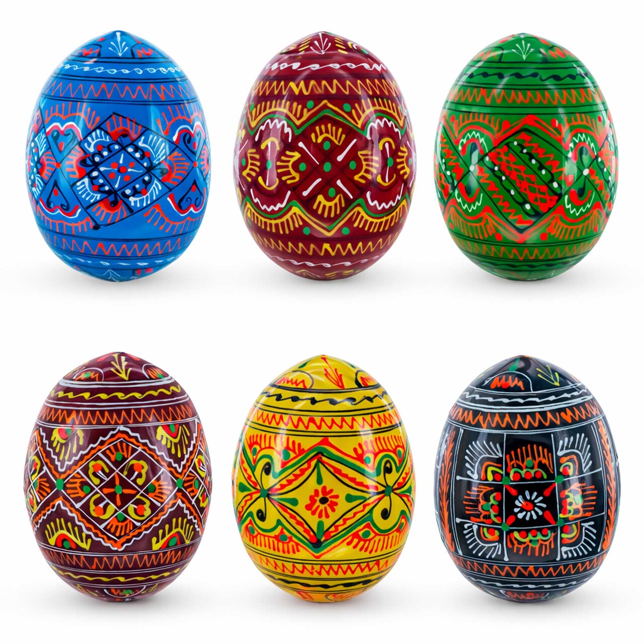 Set of 6 Geometric Pysanky Ukrainian Wooden Easter Eggs 2.5 Inches